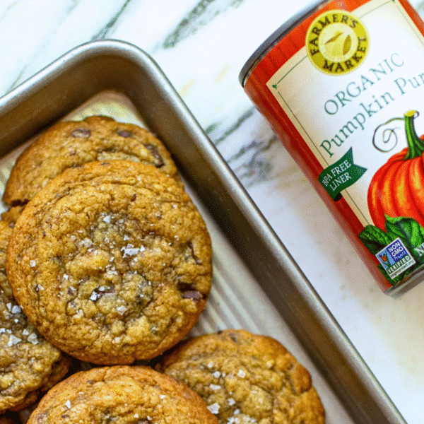 close up of brown butter pumpkin chocolate chunk cookies