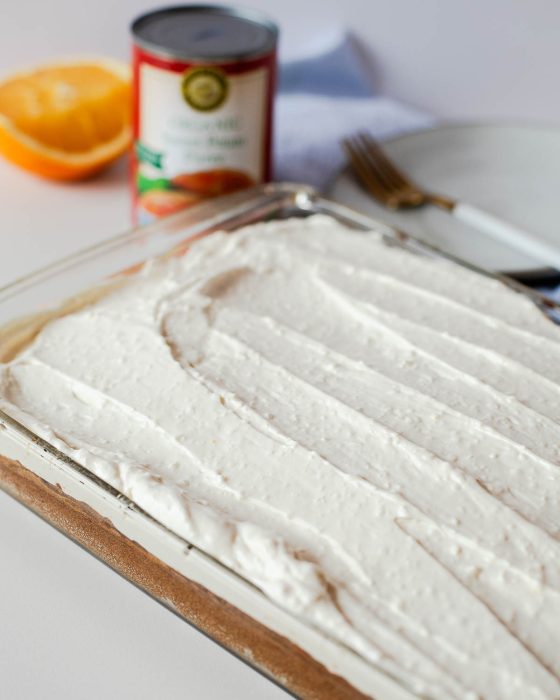 frosted sweet potato sheet cake before being sliced