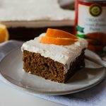 a slice of sweet potato sheet cake made with Farmer's Market Foods organic sweet potato puree