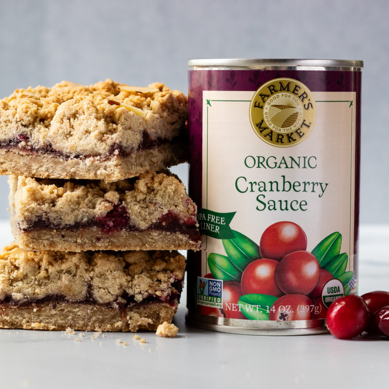 Gluten-Free Cranberry Almond Crumble Bars with a can of cranberry sauce
